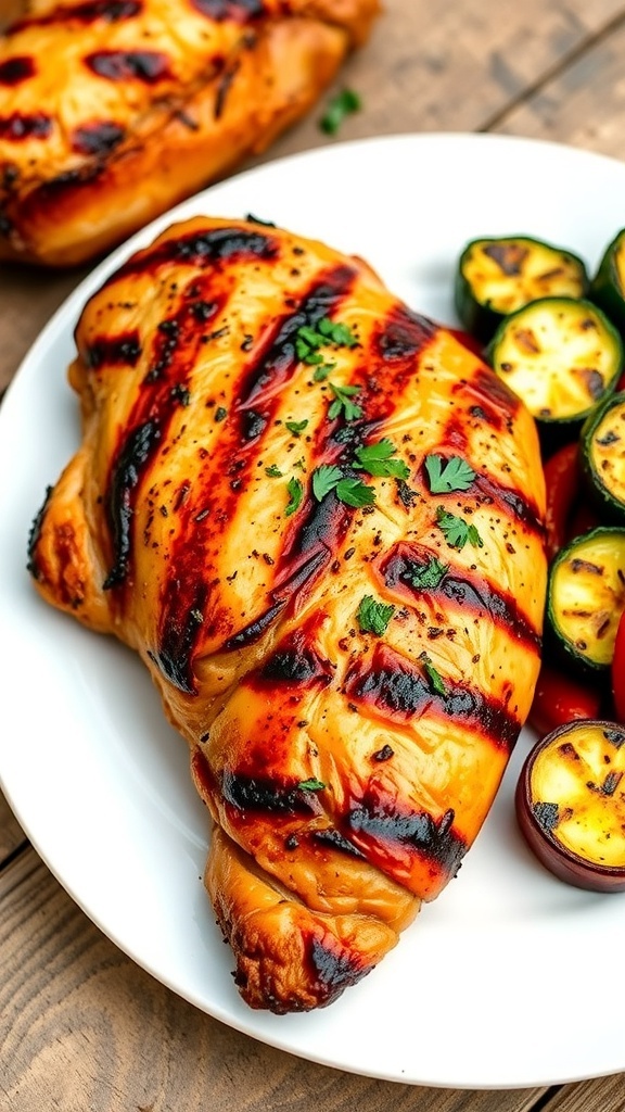 Grilled chicken breast with herbs and grilled vegetables on a rustic table.